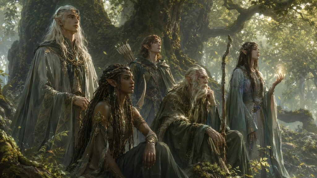 Elfos contemplativos em floresta