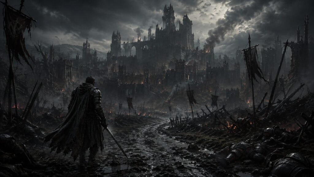 Guerreiro diante de uma cidade em ruínas em uma representação do grimdark