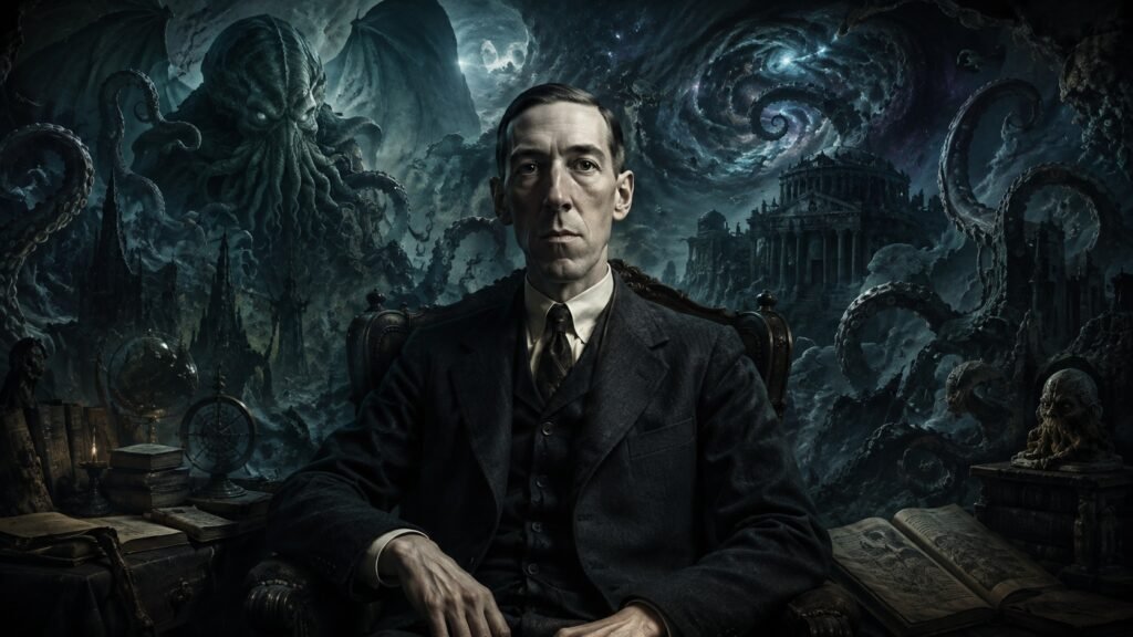 Lovecraft ao centro e as suas criações em volta