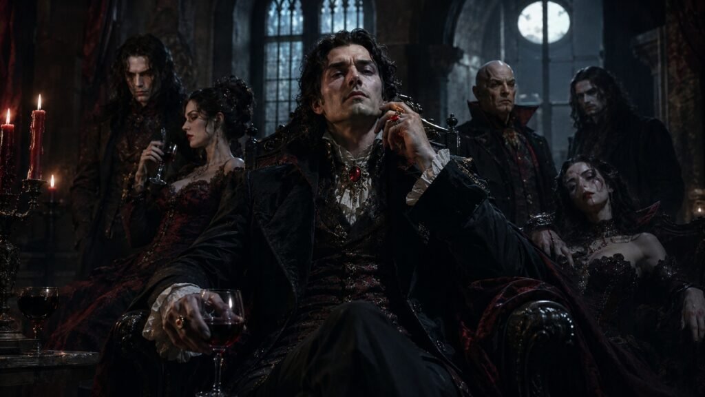 grupo de vampiros em uma sala obscrura