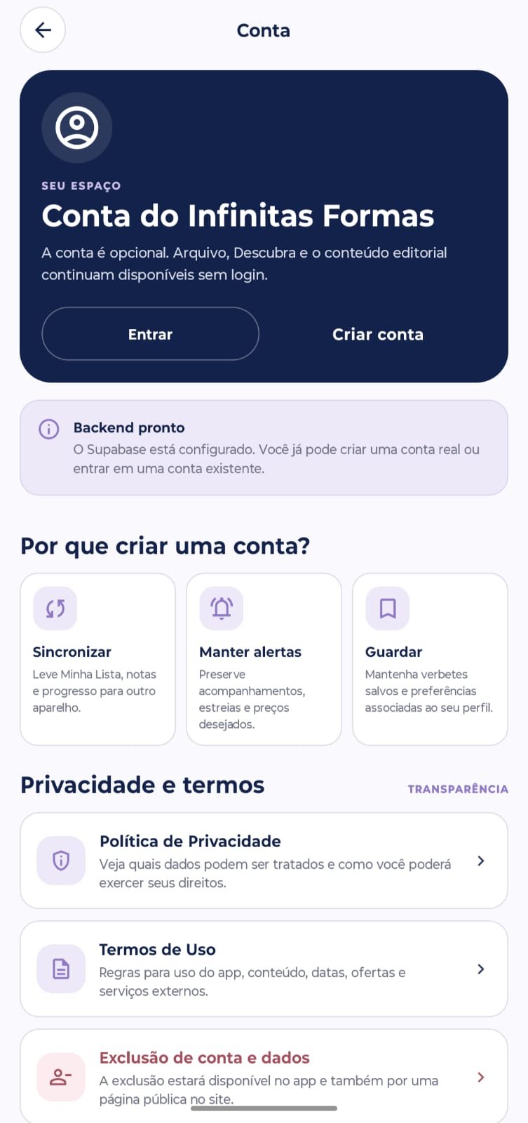 Tela de conta do Infinitas Formas