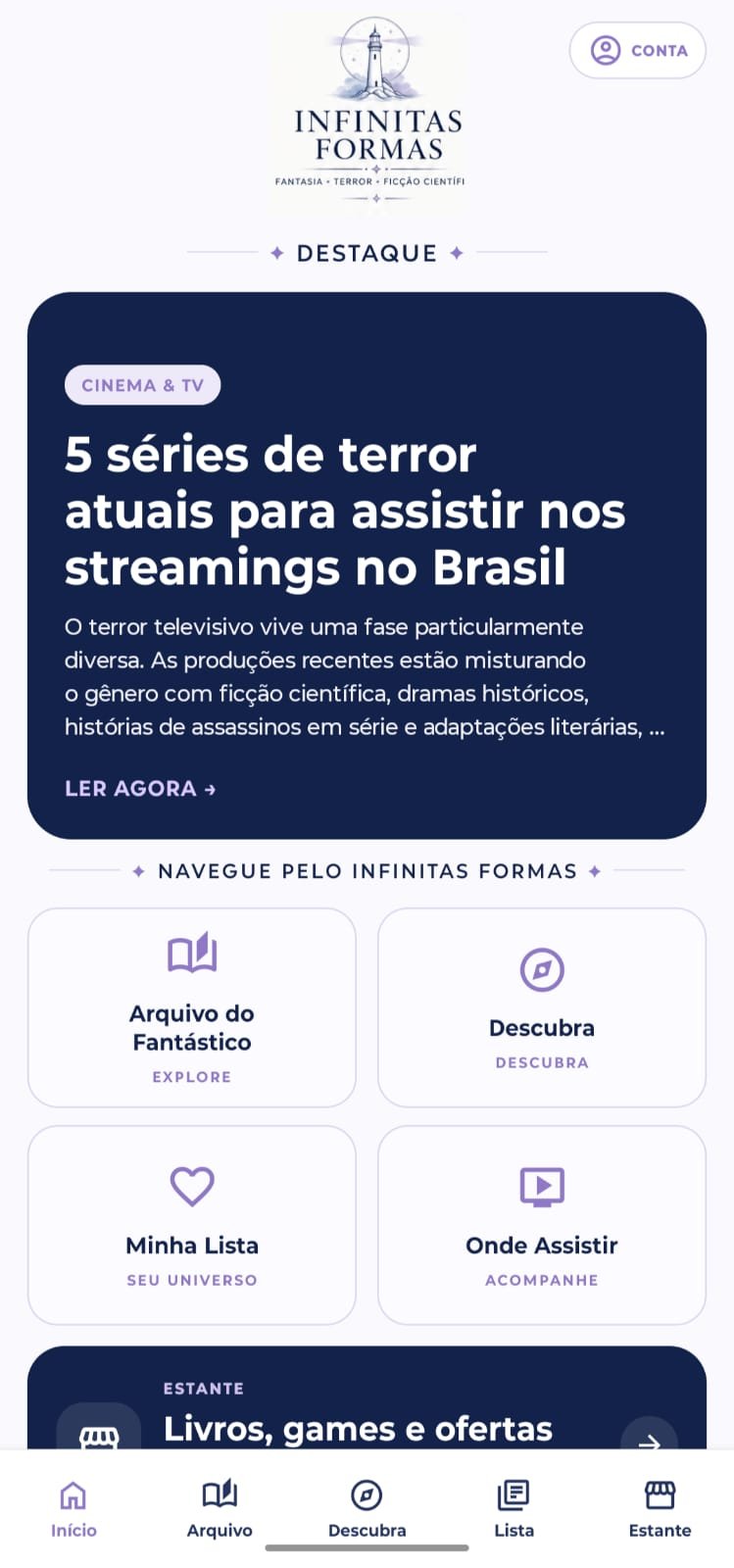 Tela inicial do aplicativo Infinitas Formas