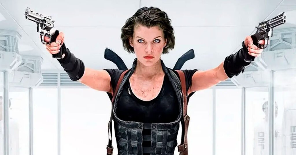 Alice, protagonista dos filmes de Resident Evil, aponta duas armas em um laboratório da Umbrella Corporation.