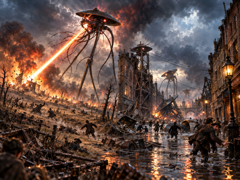 Máquinas marcianas gigantes atacam uma cidade vitoriana com raios de calor, enquanto moradores fogem entre incêndios, ruínas e ruas alagadas.