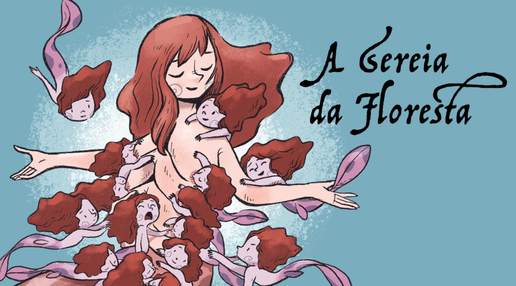 Ilustração de A Sereia da Floresta, de Hiro Kawahara, com uma sereia ruiva cercada por pequenas criaturas marinhas sobre fundo azul.