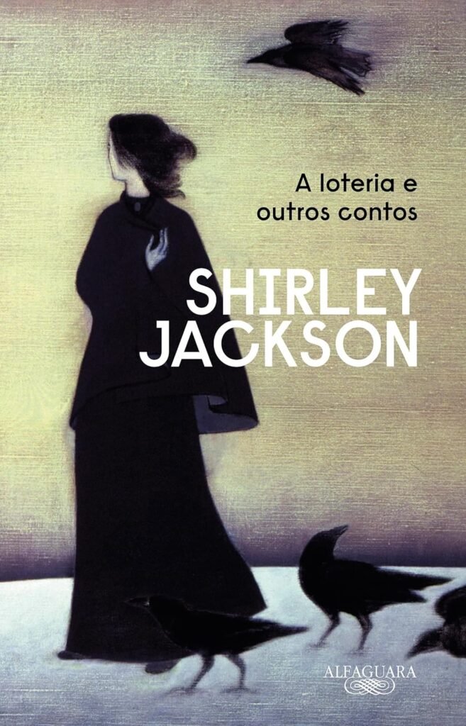 Capa de A loteria e outros contos, de Shirley Jackson, com figuras e pássaros.