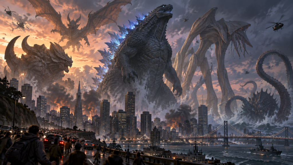 Ilustração artística de vários kaijus gigantes, incluindo criaturas inspiradas em Godzilla e Cloverfield, avançando sobre uma cidade costeira enquanto pessoas e veículos parecem minúsculos diante de sua escala.
