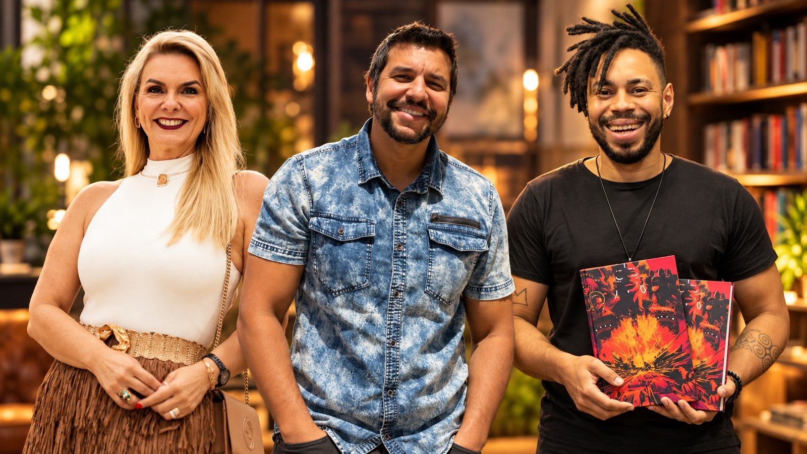 Três pessoas sorrindo posam lado a lado em um ambiente interno aconchegante, com estantes de livros ao fundo; à esquerda, uma mulher loira de blusa clara, ao centro um homem de camisa jeans azul e, à direita, um homem de camiseta preta segurando livros.