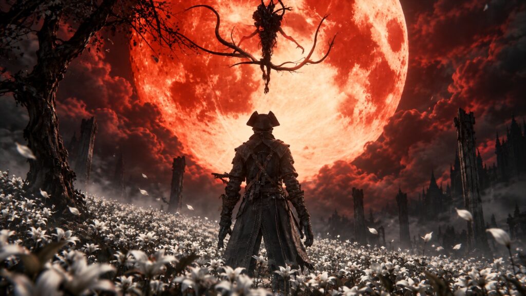 Caçador de Bloodborne diante de uma enorme lua de sangue, com uma criatura cósmica suspensa sobre Yharnam.