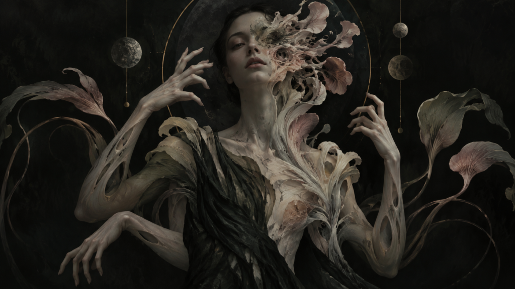 Figura humana em transformação, com partes do corpo se convertendo em formas orgânicas e abstratas, representando mutação, perda de controle e estranhamento corporal no conceito de Body Horror.