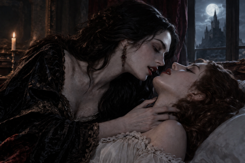 Ilustração de Carmilla aproximando-se de Laura em uma cena sombria inspirada na novela gótica de Sheridan Le Fanu.