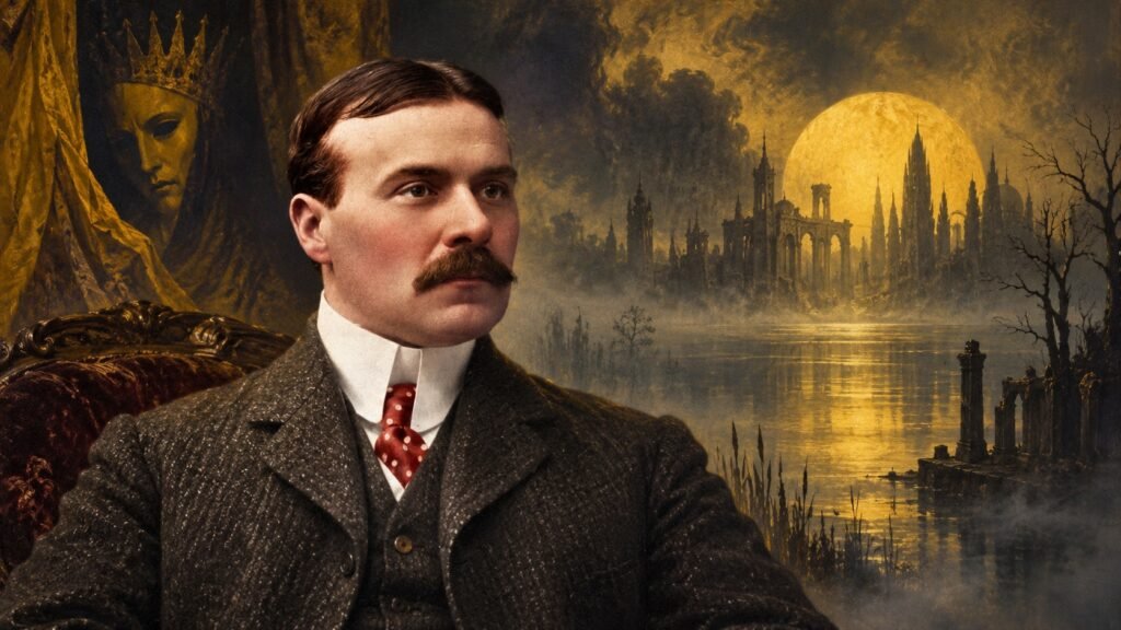 Retrato ilustrado de Robert W. Chambers diante de uma paisagem noturna.