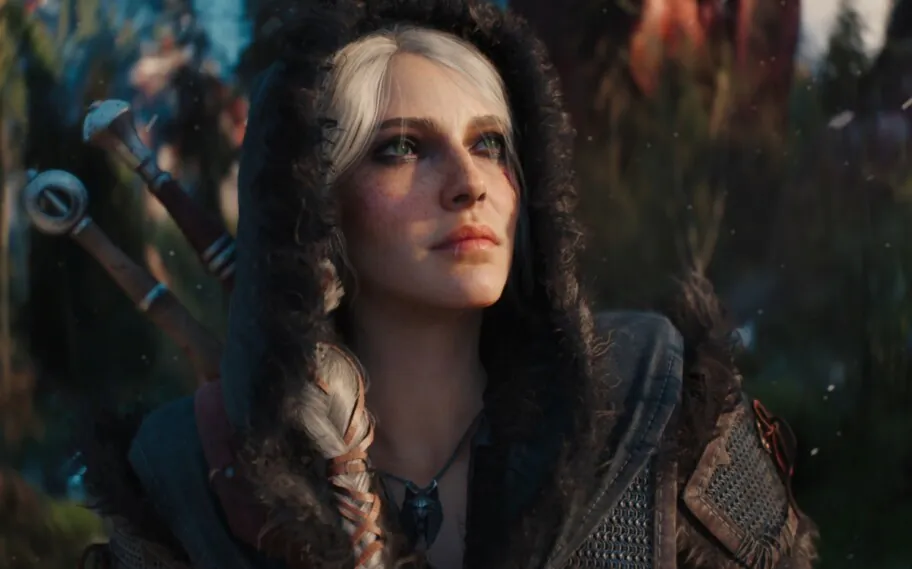 Ciri com cabelos claros e traje de couro em The Witcher.
