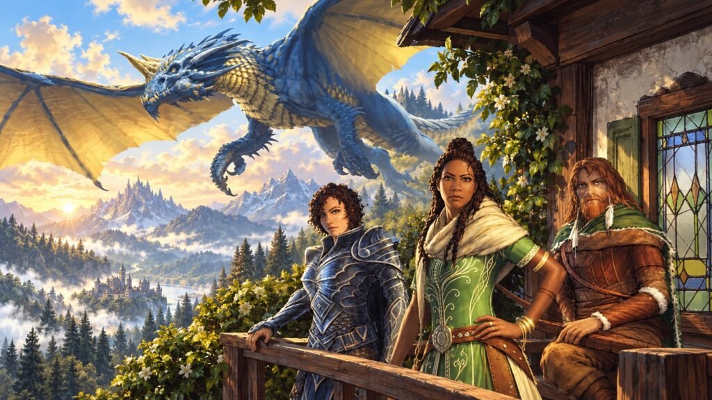 Dragão azul sobrevoando uma paisagem montanhosa de Krynn, com três personagens de Dragonlance diante de uma construção rústica.