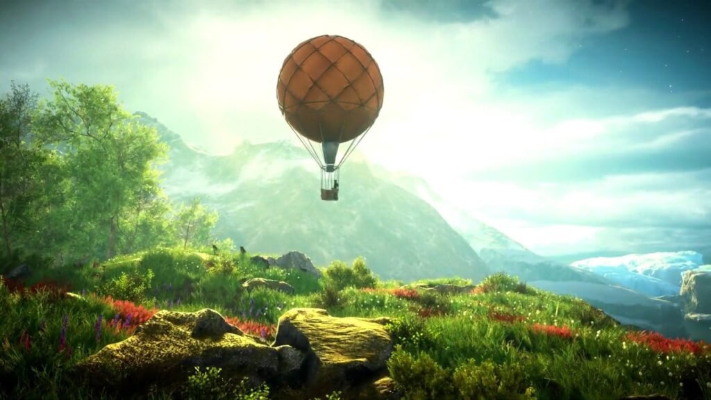 Paisagem de Eastshade com um balão sobre montanhas e campos verdes.