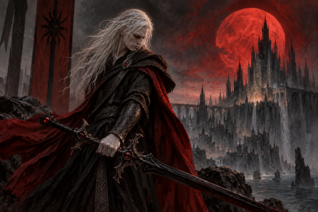 Ilustração de Elric de Melniboné, o imperador albino criado por Michael Moorcock, segurando a espada negra Stormbringer.