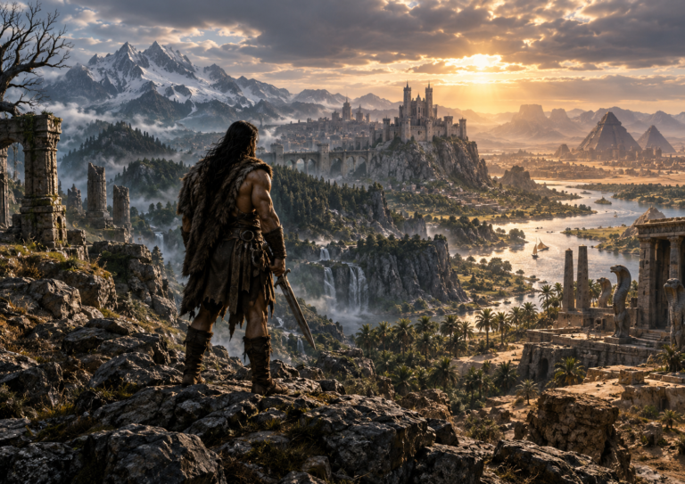 Guerreiro cimério observa, do alto de uma região rochosa, diferentes paisagens da Era Hiboriana, com montanhas nevadas, fortalezas, rios, desertos, pirâmides e templos antigos ao horizonte.