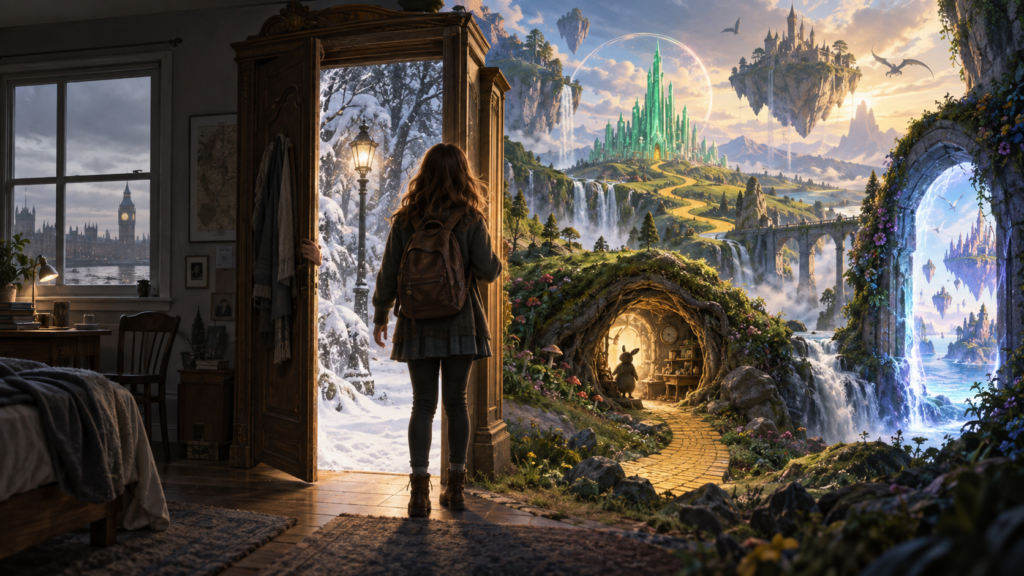Fantasia de portal representada por uma passagem entre mundos