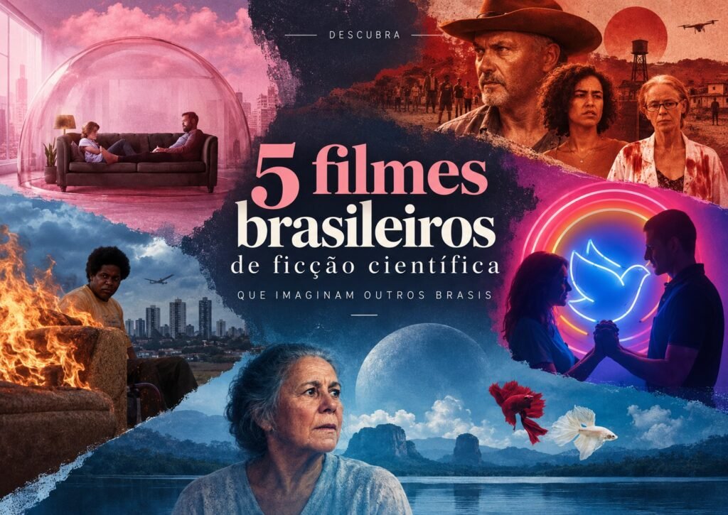 Arte destacada com colagem de cinco filmes brasileiros de ficção científica — A Nuvem Rosa, Bacurau, Branco Sai, Preto Fica, Divino Amor e O Último Azul — acompanhada do título “5 filmes brasileiros de ficção científica que imaginam outros Brasis”.