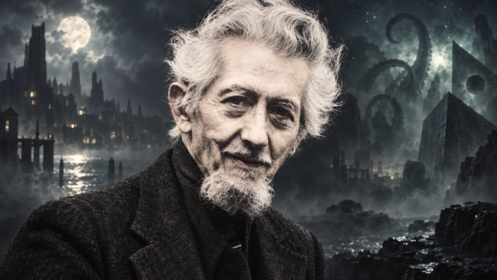 Retrato de Frank Belknap Long diante de uma paisagem sombria e fantástica, com arquitetura antiga e formas cósmicas ao fundo.