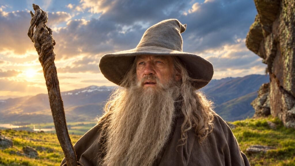 Gandalf, com chapéu cinza e cajado, diante de uma paisagem montanhosa iluminada pelo pôr do sol.