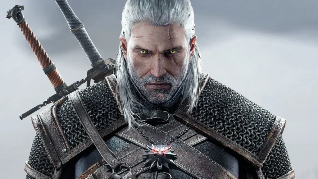 Geralt de Rívia com armadura, cabelos brancos e espadas nas costas em The Witcher 3.