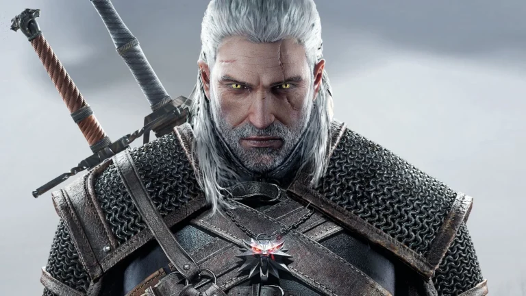 Geralt de Rívia com armadura, cabelos brancos e espadas nas costas em The Witcher 3.