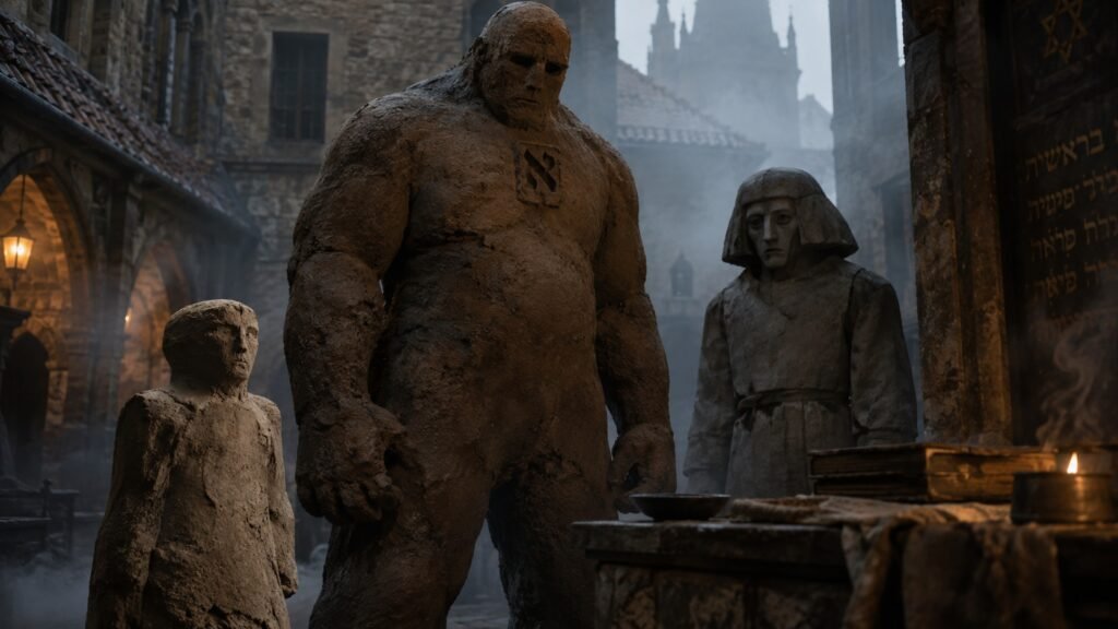 Três representações de golems de barro em um pátio antigo de Praga, com livros, inscrições hebraicas e arquitetura judaica ao fundo, em uma cena sombria e realista.
