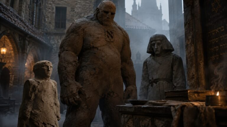 Três representações de golems de barro em um pátio antigo de Praga, com livros, inscrições hebraicas e arquitetura judaica ao fundo, em uma cena sombria e realista.