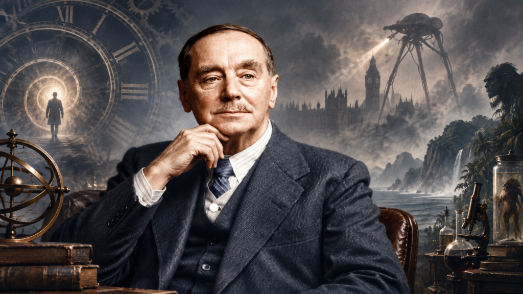 Retrato de H. G. Wells em primeiro plano, cercado por elementos inspirados em suas obras, como uma máquina do tempo, Londres sob ataque de máquinas marcianas e referências a experimentos científicos.