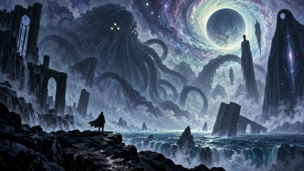 Ilustração cartunesca e sombria de horror cósmico, com uma figura humana pequena diante de uma paisagem de ruínas e mar revolto, observando uma criatura colossal com tentáculos e entidades gigantes sob um céu cósmico iluminado.