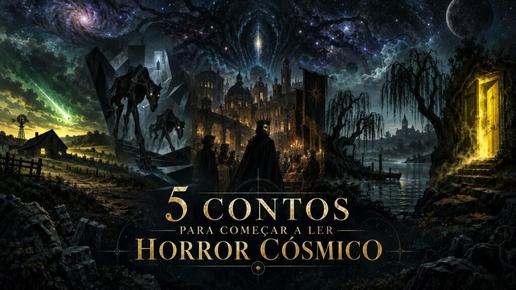 Arte sombria com uma paisagem cósmica, criaturas entre ângulos impossíveis, Carcosa, salgueiros e uma porta amarela, representando cinco contos de Horror Cósmico.