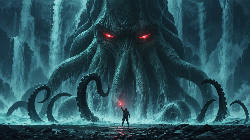 Criatura colossal de aparência tentacular observa uma figura humana solitária em uma paisagem gelada, iluminada por uma pequena chama vermelha, em uma representação de horror cósmico.