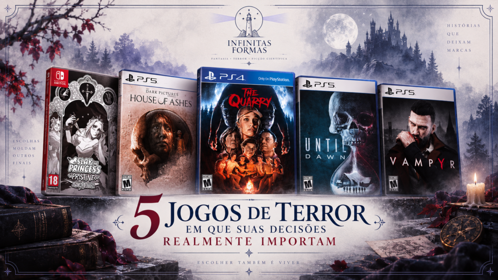 Capas de Slay the Princess, House of Ashes, The Quarry, Until Dawn e Vampyr reunidas na arte do artigo sobre jogos de terror em que as decisões do jogador importam.