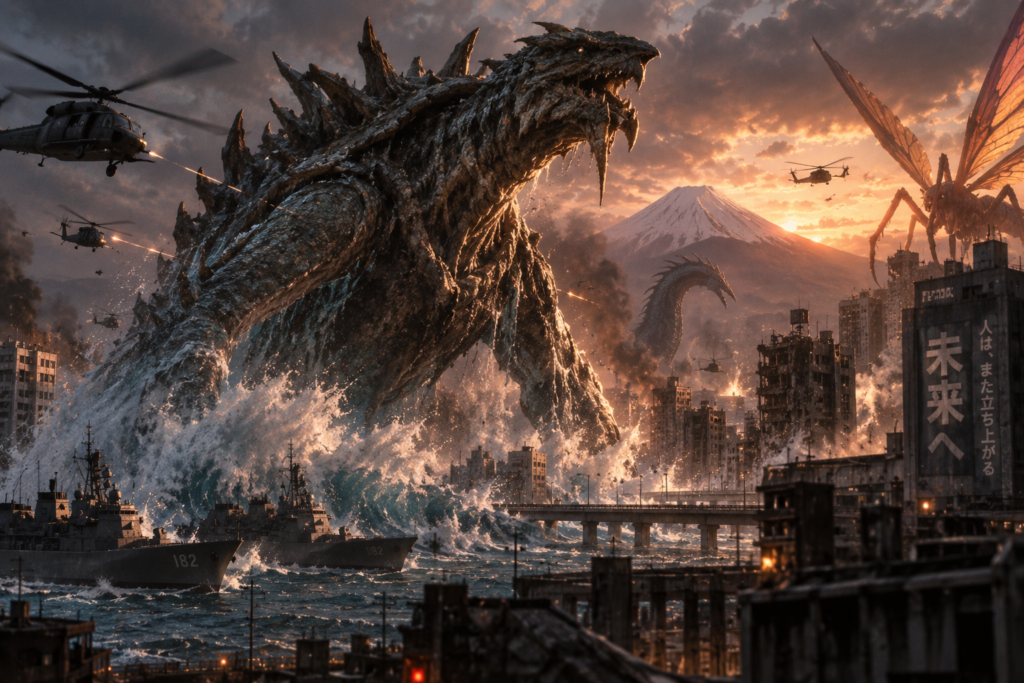 Kaijus em uma cidade, em arte destacada para o Arquivo do Fantástico