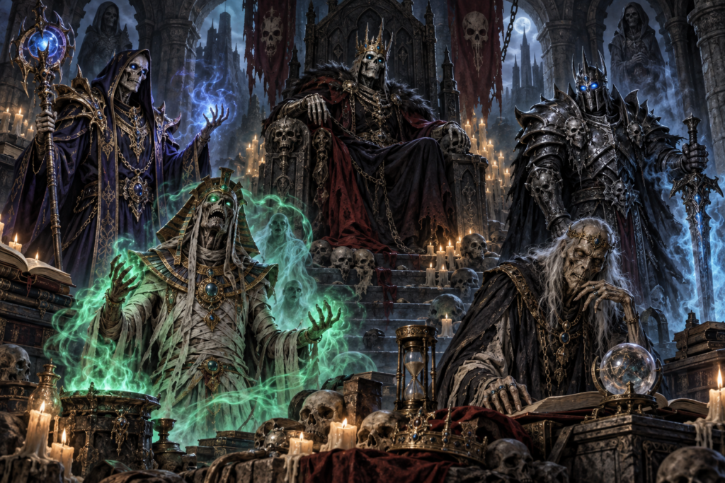 Liches em diferentes representações da fantasia, reunidos em uma arte para o Arquivo do Fantástico