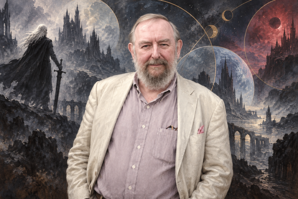 Michael Moorcock em arte destacada para o verbete do Arquivo do Fantástico