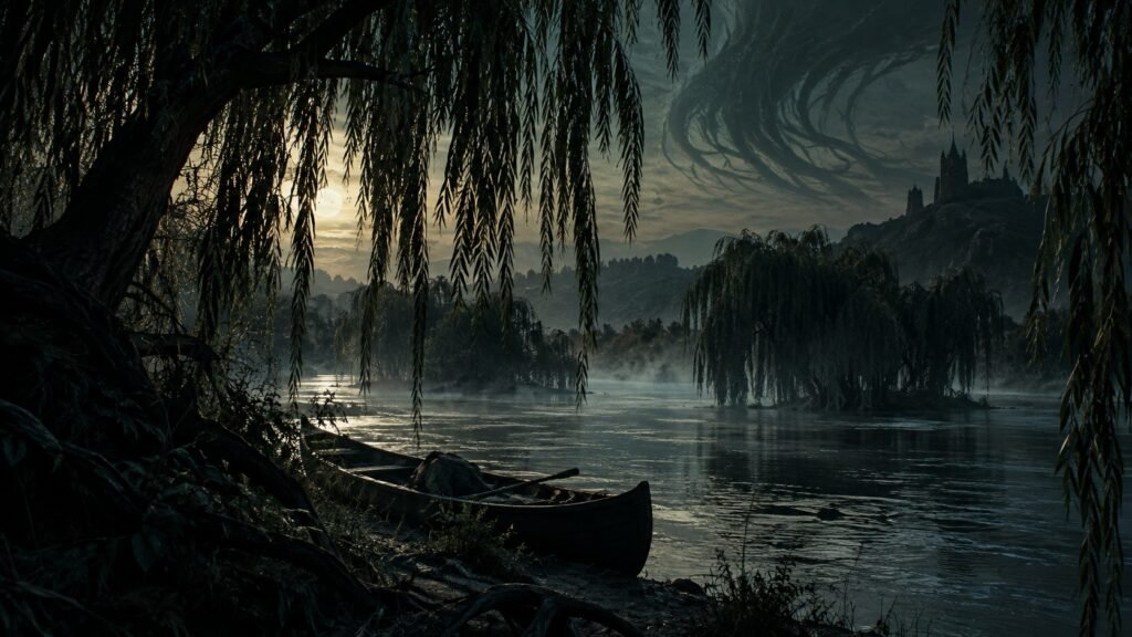 Paisagem sombria do Danúbio cercada por salgueiros, com canoa na margem e formas estranhas surgindo entre a névoa e o céu.