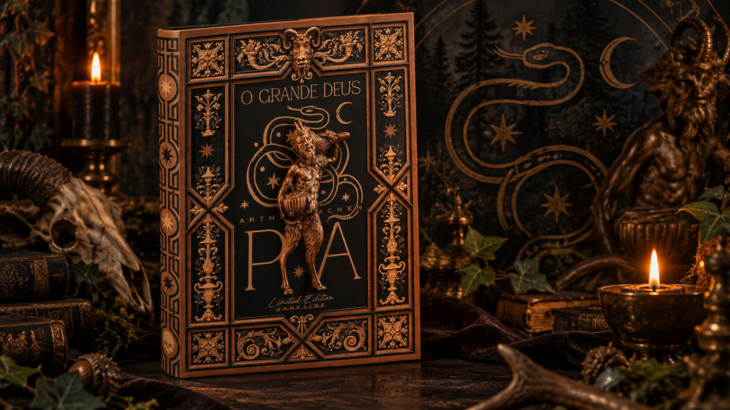 Capa de O Grande Deus Pã em cenário sombrio com velas e elementos ocultistas