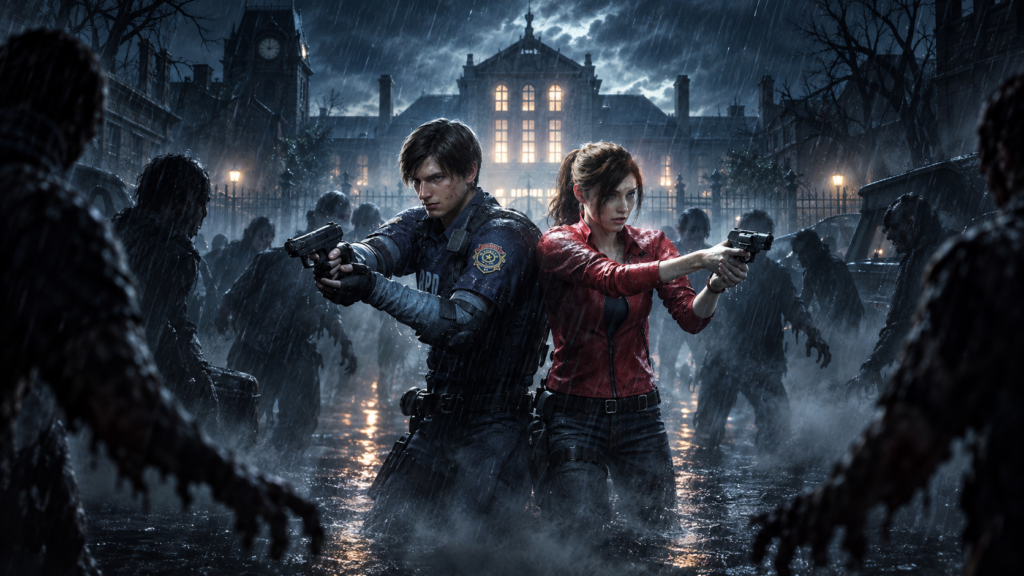 Corredor escuro inspirado em Resident Evil, com uma porta ao fundo e poucos recursos de sobrevivência em primeiro plano