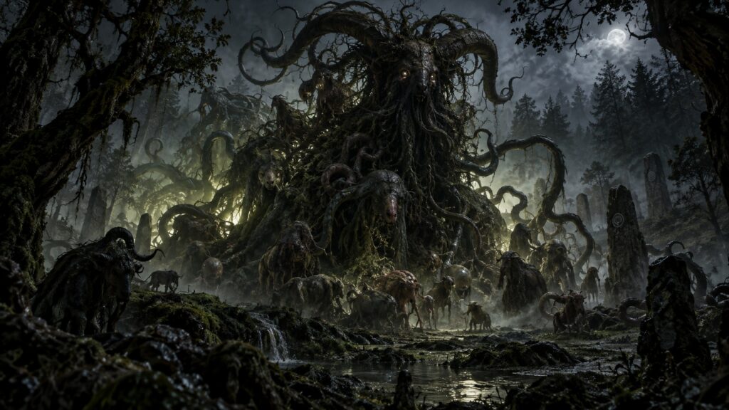 Entidade monstruosa e caprina cercada por formas tentaculares e criaturas menores em uma floresta sombria sob a lua.