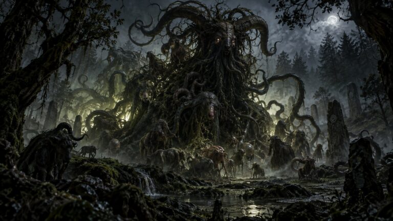 Entidade monstruosa e caprina cercada por formas tentaculares e criaturas menores em uma floresta sombria sob a lua.