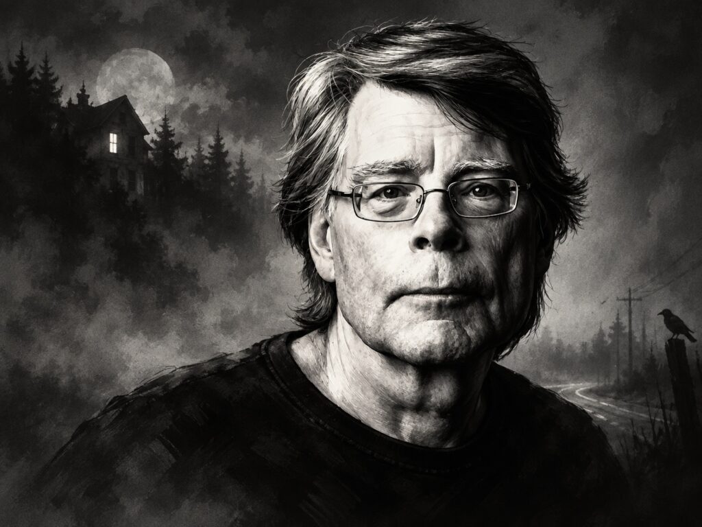 Ilustração em preto e branco de Stephen King em primeiro plano, com expressão séria, diante de uma paisagem sombria com névoa, árvores, casa isolada e lua cheia ao fundo.
