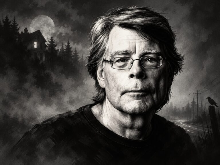Ilustração em preto e branco de Stephen King em primeiro plano, com expressão séria, diante de uma paisagem sombria com névoa, árvores, casa isolada e lua cheia ao fundo.