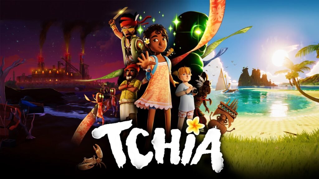Tchia e outros personagens diante de uma paisagem tropical do arquipélago do jogo.