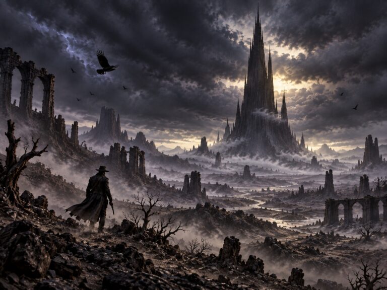 Roland Deschain observa a Torre Negra ao longe em uma paisagem devastada, cercada por ruínas, montanhas, névoa e um céu carregado de tempestade.