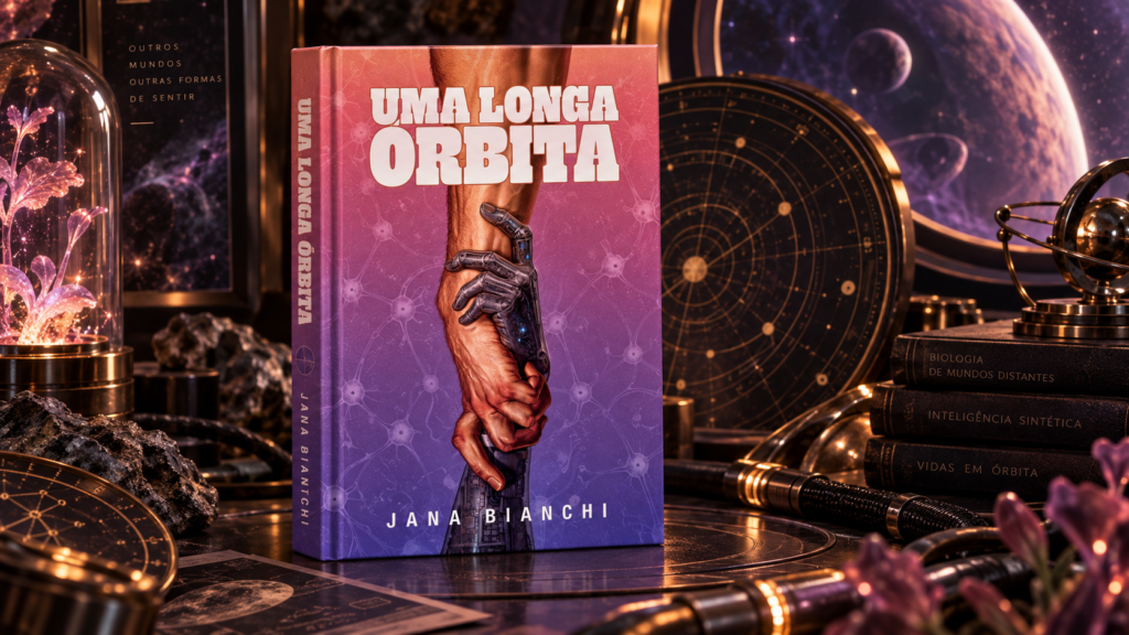 Livro Uma longa órbita, de Jana Bianchi, em cenário de ficção científica com planetas, instrumentos astronômicos e elementos biológicos.