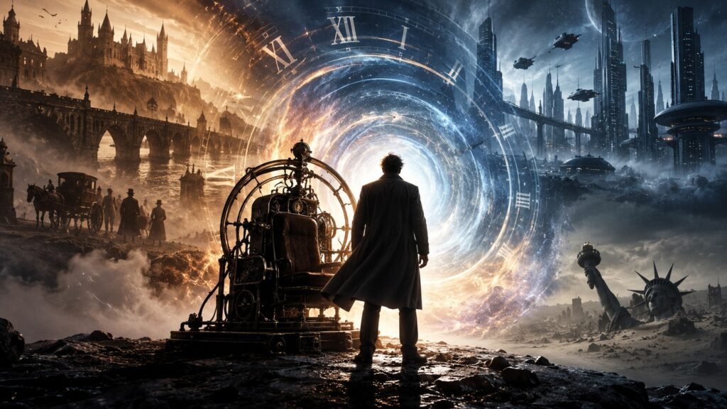 Viajante diante de uma máquina do tempo e de um portal que conecta uma cidade antiga a uma metrópole futurista.