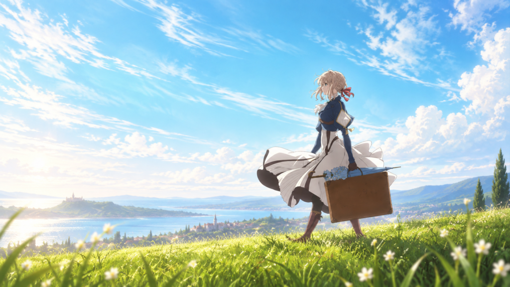 Violet Evergarden caminhando por um campo ensolarado com uma mala e uma sombrinha azul.