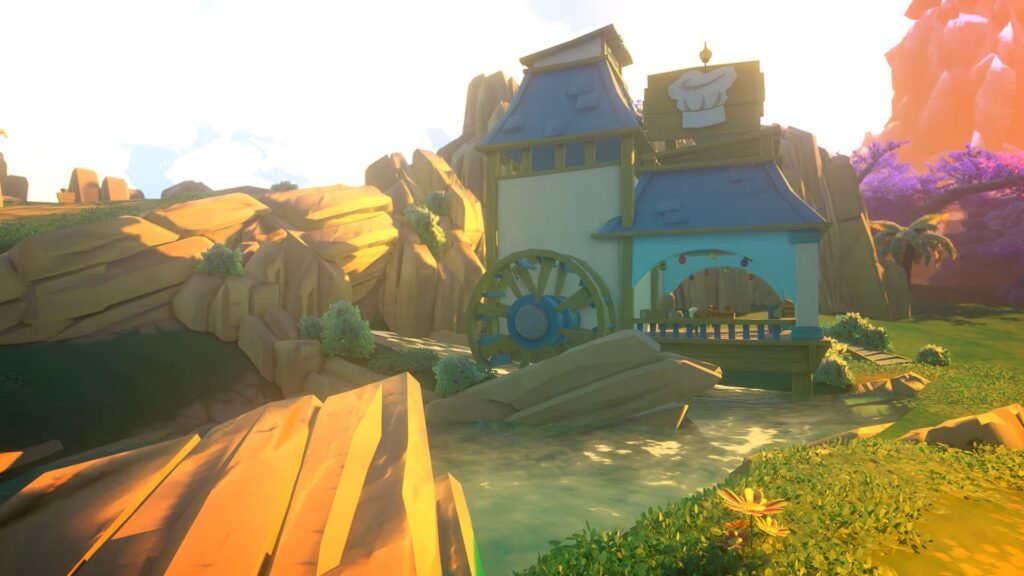 Construção com roda d'água em uma paisagem colorida de Yonder: The Cloud Catcher Chronicles.
